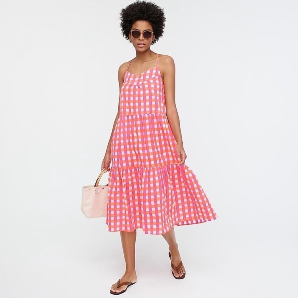SZ Blockprints x J. Crew Tiered Midi in Vibrant Pink Orange Gingham Dress Sz. S